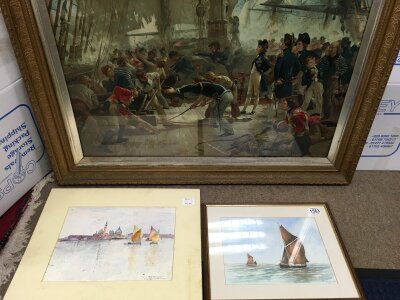 Three pictures including a framed John Hopgood watercolour of a sailing boat, unframed pastel by F.H Henimann, large framed print The Hero of Trafalgar by artist William Heysham Overend. Frame size 98x70cm