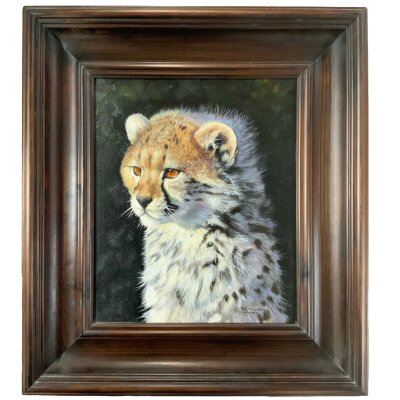 Pip McGarry, 1955 - Present, oil on canvas Cheetah Cub, 2808, 30.5cm x 25.5cm. Signed and dated 2006. (Measurements of canvas only).