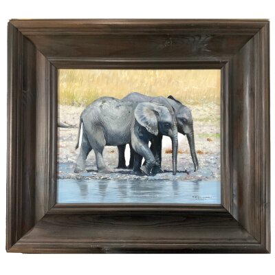 Pip McGarry, 1955 - Present, oil on canvas Elephant Calves at a waterhole , 2808, 30.5cm x 25.5cm. Signed and dated 2006. (Measurements of canvas only).