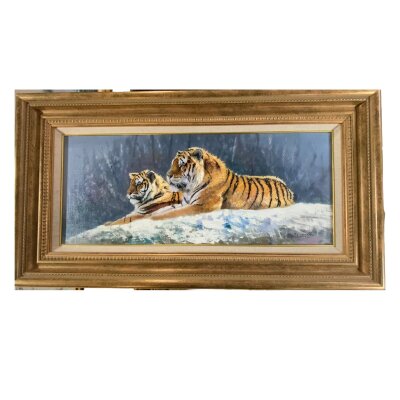 Pip McGarry, 1955 - Present, original oil on canvas, “ seated Tigers within a snowy landscape”, 61cm x 25cm. Signed and dated 2007 (8820).
