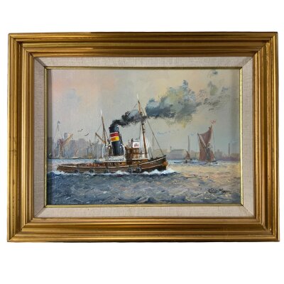 Colin Moore, 1949 -2024,  gilt framed oil on canvas, Steam Tug on the Thames alongside a Thames Barge. Titled Woolwich Reach, Tilbury, Contracting & Dredging Company, Danube VIII. 26cm x 18cm.
