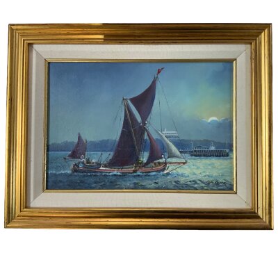 Colin Moore 1949 - 2024, May 2003, Titled “Moonlight off Southend Pier, Bowsrit Barge, Outwood Bound”