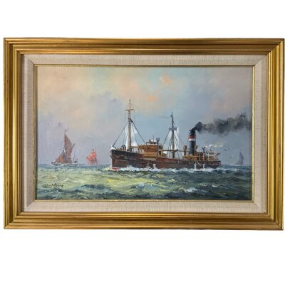 Colin Moore, 1949–2024, oil on canvas titled “Off The End of Maplin Light”, 40cm x 25.5cm.