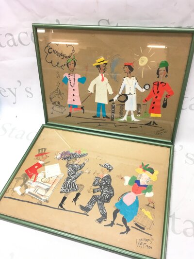 Two Walter West 1984 Pearly King & Queen mixed media pictures, Charlston and Lambeth walk. Frame dimensions 31x43cm