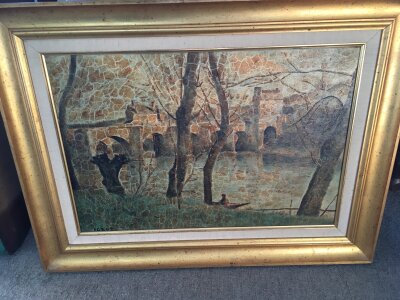 A gilt framed oil on canvas river view signed Corot, approx 72cm x 55cm.
