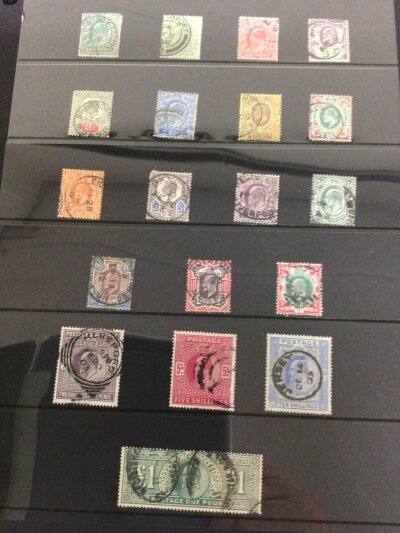 An  album of British Stamps included Edward VII green one pound stamps and other high values the album both used and unused stamps from Edward VII to Elizabeth II well presented album of interesting British stamps