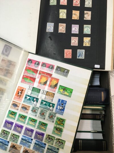 A box containing 12 albums of various world stamps