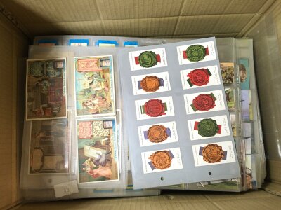 A large box of cigarette and trade cards set in plastic sleeves. Liebig, Mitchell, Peter Jackson etc