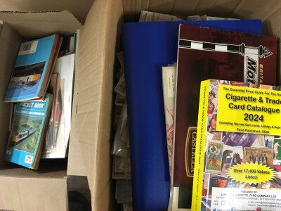 A box of cigarette carrds including Players, Ogdens, Gallaher, Godfrey Phillips etc and a box of Motive power pocket books and other transport pocket books