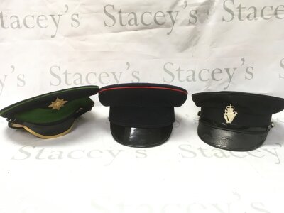 Three caps including an Irish guard cap and Irish Constabulary cap. No reserve