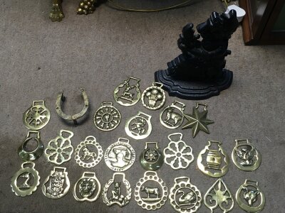Horse brasses and a cast iron Hansel and Gretel door stopper- NO RESERVE