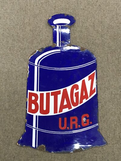 A vintage double sided Butagaz U.R.G enamel sign. 38cm long 28cm wide