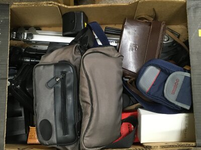 A box of camera equipment including Velbron Tripod, Vivitar Monopod, Yashica Minister III in case, Kodak Retinette Type 1A, etc- NO RESERVE