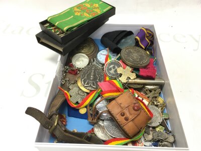 A box of mixed small interesting items including medals etc