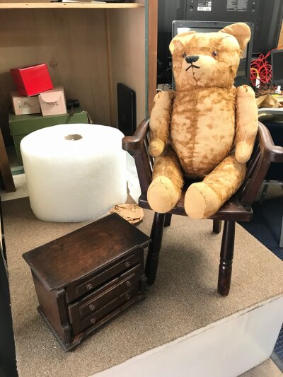 A small child's chair , A large vintage bear (50cm tall) and a small flight of drawers (3)
