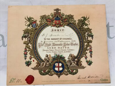 An invitation Guildhall Banquet 1859, signed and stamped 10.5"x 8.2"