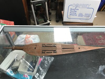 An old carved wooden native ornamental spearhead, 78cm long