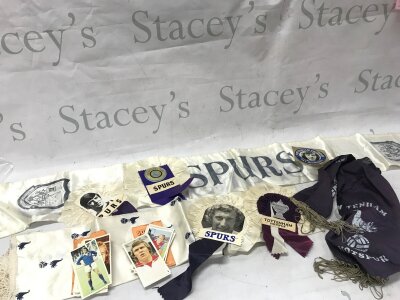 Football Spurs vintage ephemera including soccer super stars of Britain cards, rosettes and scarves