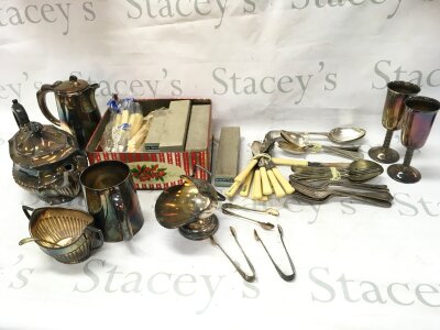 A collection of assorted silver plate items including cutlery tea pot etc.