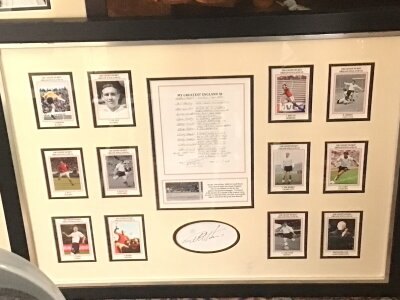 A collection of three framed sports memorabilia signed Michael Vaughan and Kevin Pietersen. Also My Greatest England XI. Football team and a framed cricket bat. (3)