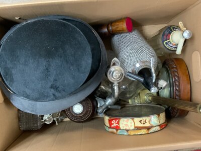 A| box of interesting items to include top hat and box, soda syphon etc.