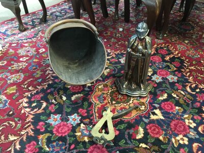 A copper scuttle, knight figure shaped fireplace brush set