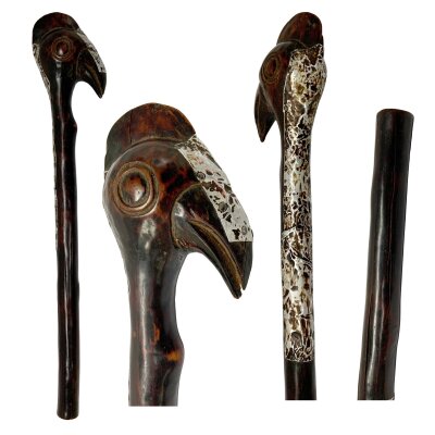 A hand-carved antique wooden tribal ceremonial staff in there form of a birds head,  Carved dark wood, possibly monkey wood (Accacia), 54cm, later metal work repair.