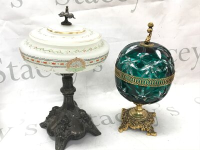 An Edwardian frosted glass /silver plate compart and cover and a bohemian crystal Bon Bon dish with cover. 24 and 27cm tall