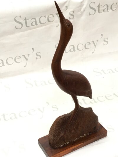 Alonzo Kettles Heron in elm yew base wood carving, dated 1994 56cm tall ,base 25cm wide