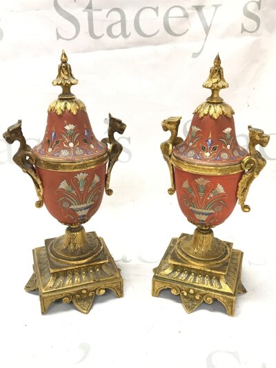 A pair of gilt metal French vases with hand-painted porcelain elements, dragon "handle" design , 26cm tall