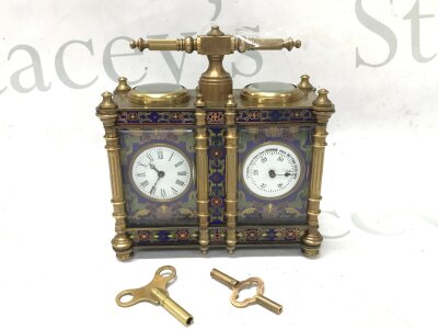 A French brass and cloisonné clock barometer, 13.5cm tall 13cm wide. Seen working . Two keys