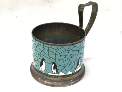 A vintage Russian enamel decorated tea glass holder (Podstakannik) MADE IN USSR , 9cm high, width for the glass 64mm