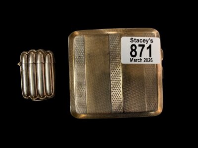 A Hallmarked silver engine turned cigarette case 133g together with a white metal vesta case.