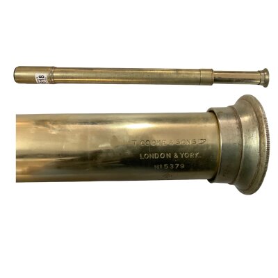A Vintage military issue brass telescope, T.COOKE & SONS, LONDON & YORK. No. 5379, single draw.
