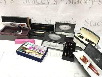 A collection of Parker pens including Sonnet set, cross black set, refills and inks and some boxes without pens
