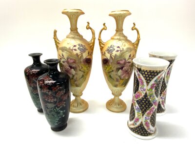A pair of Japanese cloissonei vases, together with 2 pairs of Austrian porcelain vases.