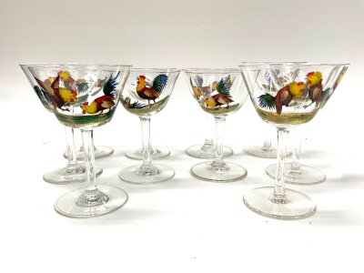 10 hand painted fighting cock sherry glasses.