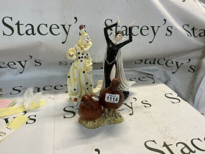 a collection of 3 ceramic figurines, its consists of a limited addition women figure which is the 678th one out of 2000, a classic clown figure that was made by Coalport in England 1750 and a Berwick Grouse made by a rich glossy brown mottled glaze meant to mimic natural feathers.