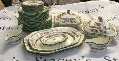 A decorative ceramics dinner service with a classic Chinoiserie style pattern heavily inspired by late 18th and 19th century English interpretation of traditional Chinese and Indian trade porcelain.