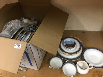 A box containing a Royal Doulton dinner Sherbrooke service, comprising plates, soup bowls, jug etc