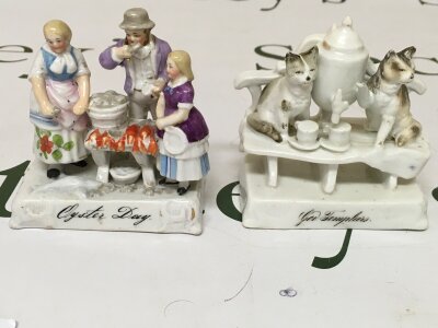 Two Victorian Fairings, A, Oyster Day, B, God / Good Templars.  
Signs of restoration on Item A, relative good paint condition. Item B faded paint work and chip on bottom of base.