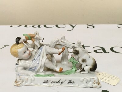 Victorian Fairing, The spoils of War.
Physical condition is fair. Paint work and gold gilding has faded in most areas. Small hairline crack in the figure's head