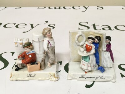 Two Victorian fairings Slack, The power of love.
Paint work in fair condition on both items. Slack retains some restoration due to some cracking on the base. power of love is in a physically fine state put has some stains on the base and the back.