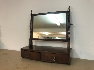A Georgian dressing table mirror with original mirror plate on turned columns on a two draw base. 46cm wide , 49cm tall, 18 cm long