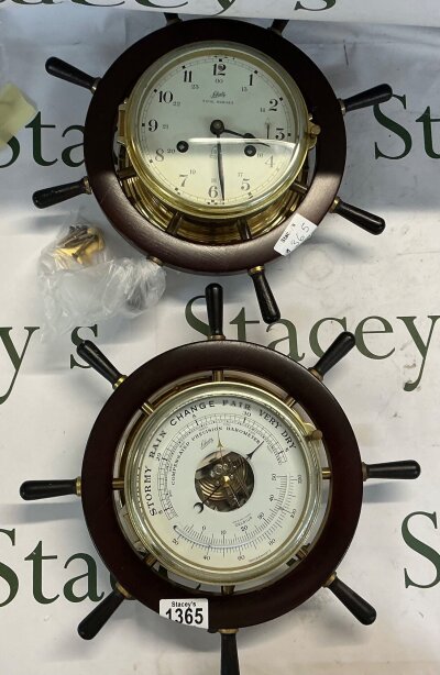 A Schatz ‘Royal Mariner’ mechanical ships clock, there is two winding arbor holes on the face that indicates it has a 8 day mechanical movement with a ships bell striking mechanism. Also there is a Schatz compensated precision barometer and thermometer, this measures atmospheric pressure, marked with classic weather indicators: Stormy, Rain, Change, Fair and Very Dry.