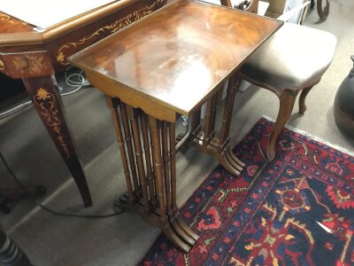 A small venecular table (57cm tall) , Edwardian mahogany nest of tables (67cm tall) , two other occasional tables.(35cm tall)