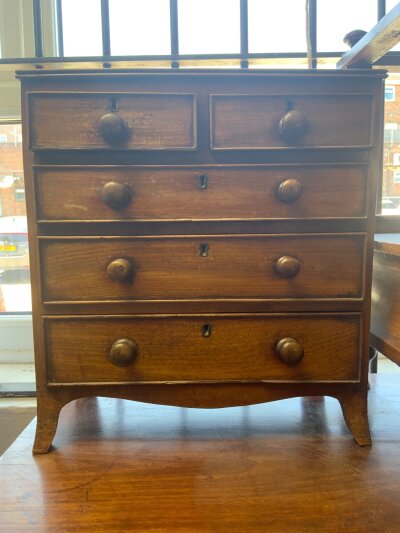 A small Victorian apprentice chest with 3 long and 2 short drawers, 13” x 14” x 7”