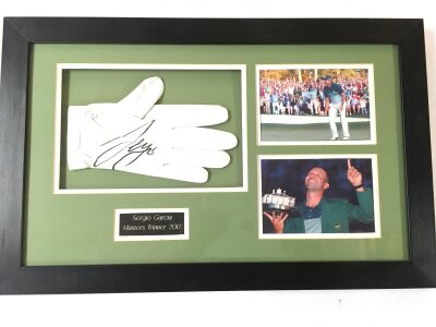 A Framed Sergio Garcia, Masters Winner Of 2017 Signed Golfers Glove. Approx Size 36CM X 57CM. NO RESERVE