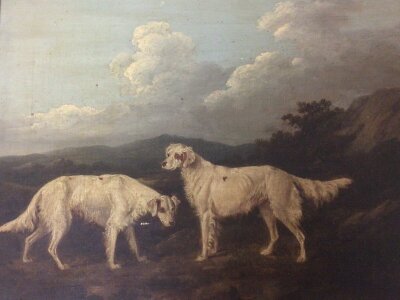 A quality British Early Victorian oil painting study of two field working dogs in a rural landscape on canvas unsigned in a gilt frame.