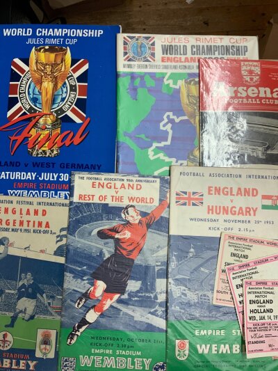 England International Football Programmes: Includes original 1966 World Cup Final, tournament guide and programmes from the 50s to the 90s including 1951 Argentina, 1953 Hungary, Rest of the World. A few aways and tickets included. Quantity in box.